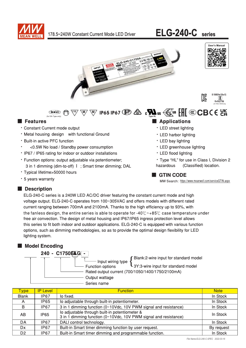 First page image of the manual for ELG-240-C1400DA-3Y