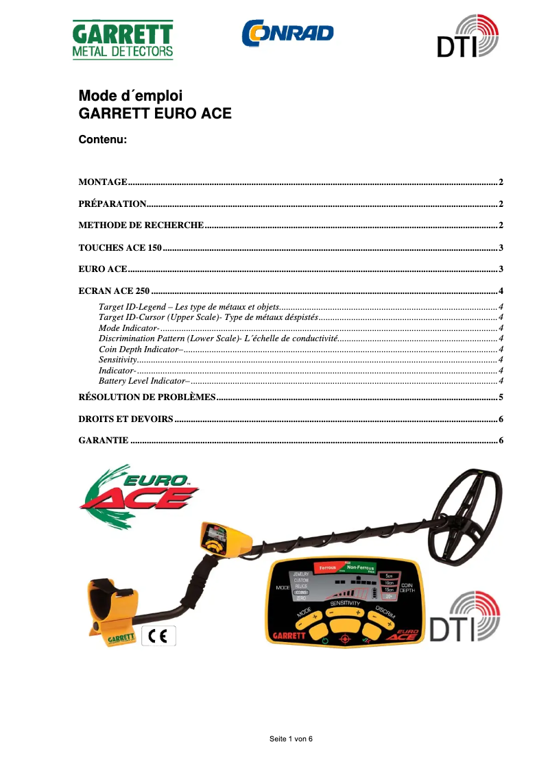 Page 1 of the manual User Manual Garrett Euro Ace