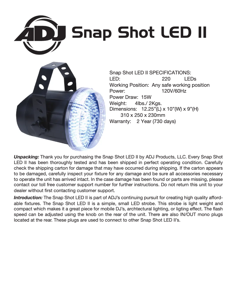 Page 1 of the manual User Manual American DJ Snap Shot LED II