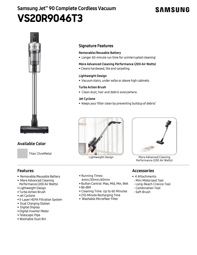 Page 1 of the manual Technical Sheet Samsung VS20R9046T3