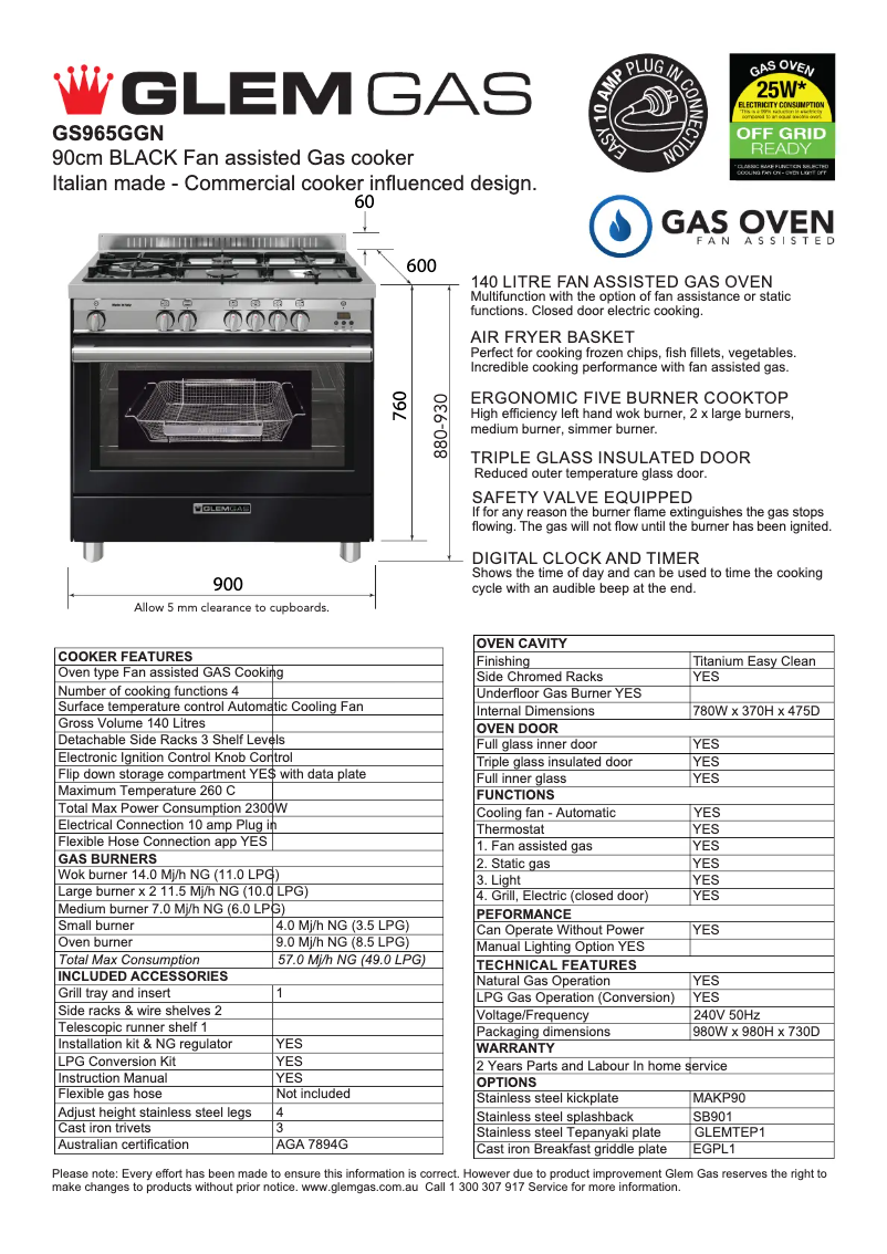 Page 1 of the manual Technical Sheet Glem Gas GS965GGN
