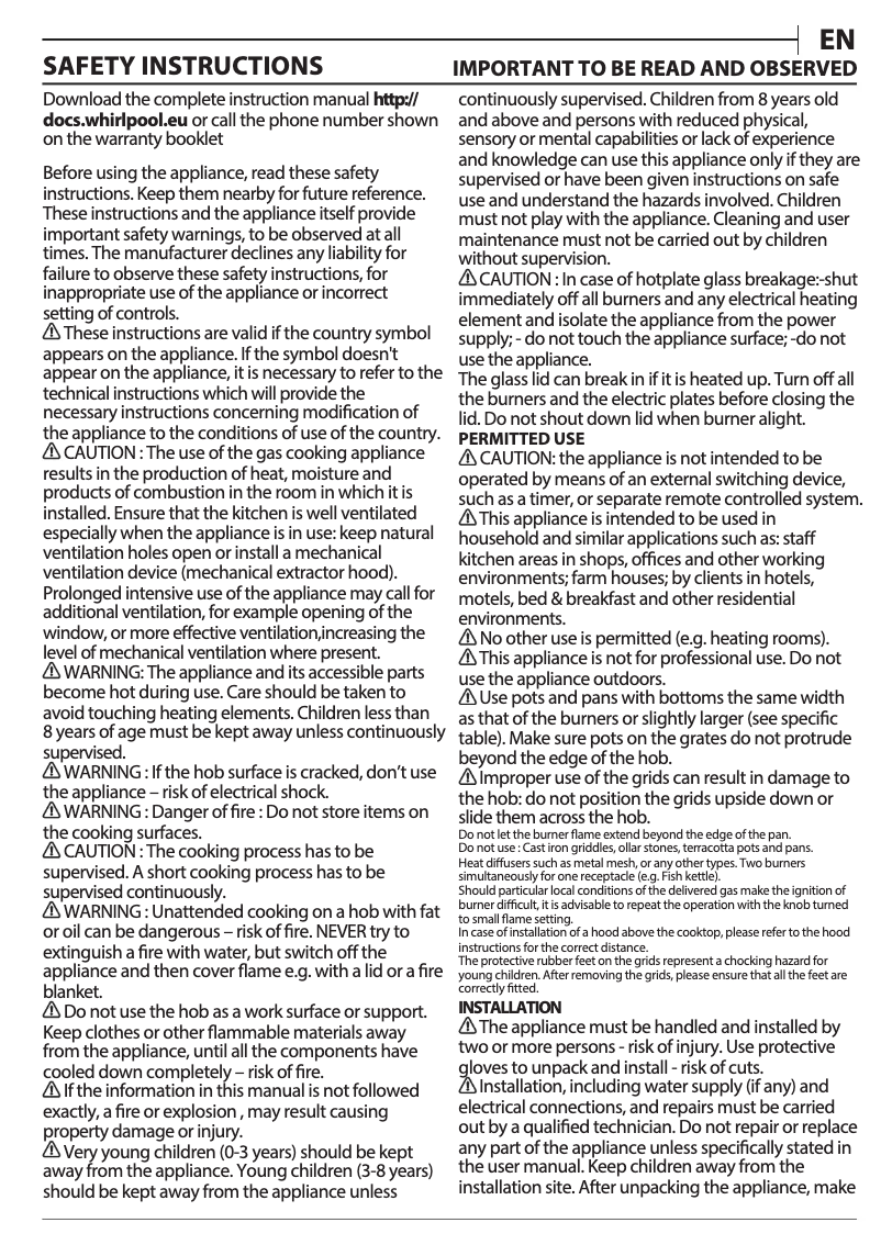 Page 1 of the manual User Manual Whirlpool GOWL 758/NB