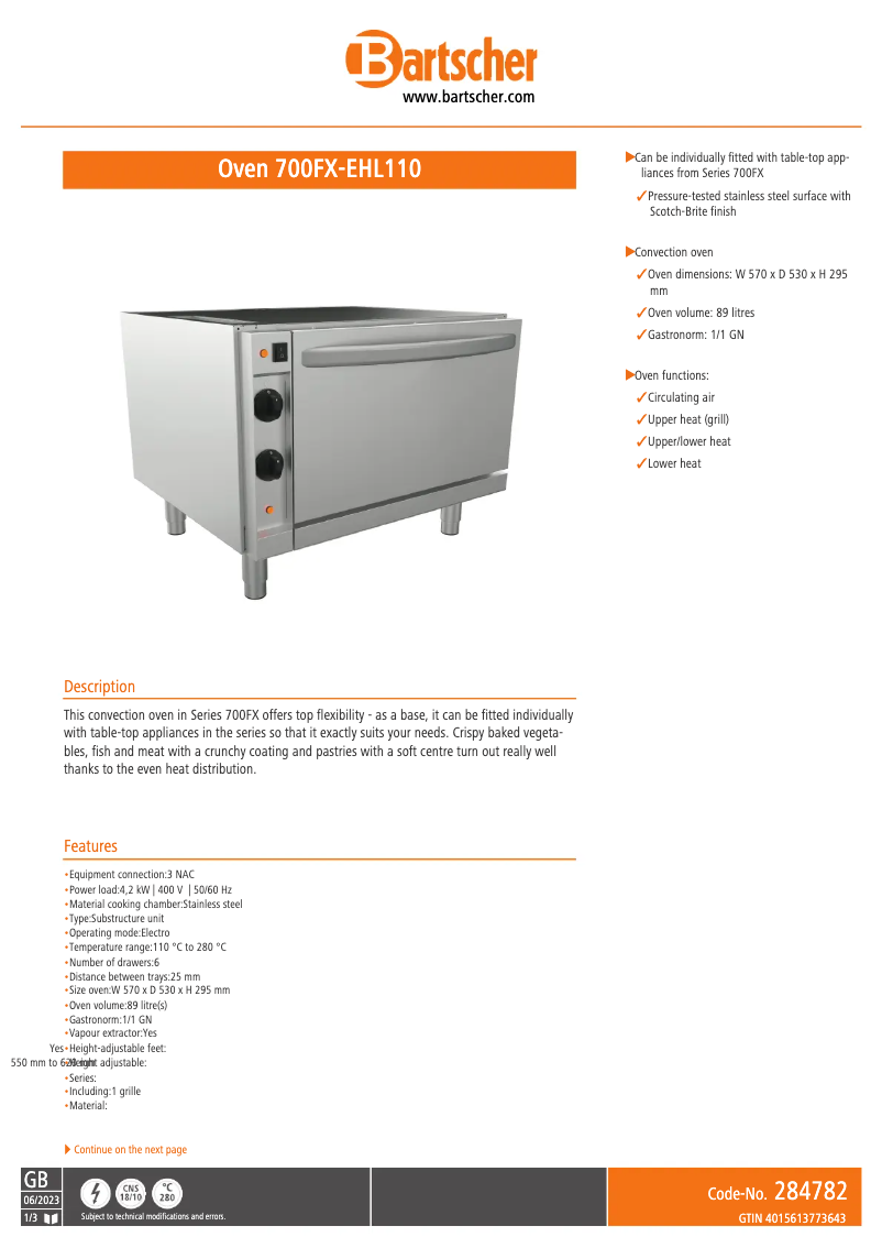 Page 1 of the manual Technical Sheet Bartscher 700FX-EHL110
