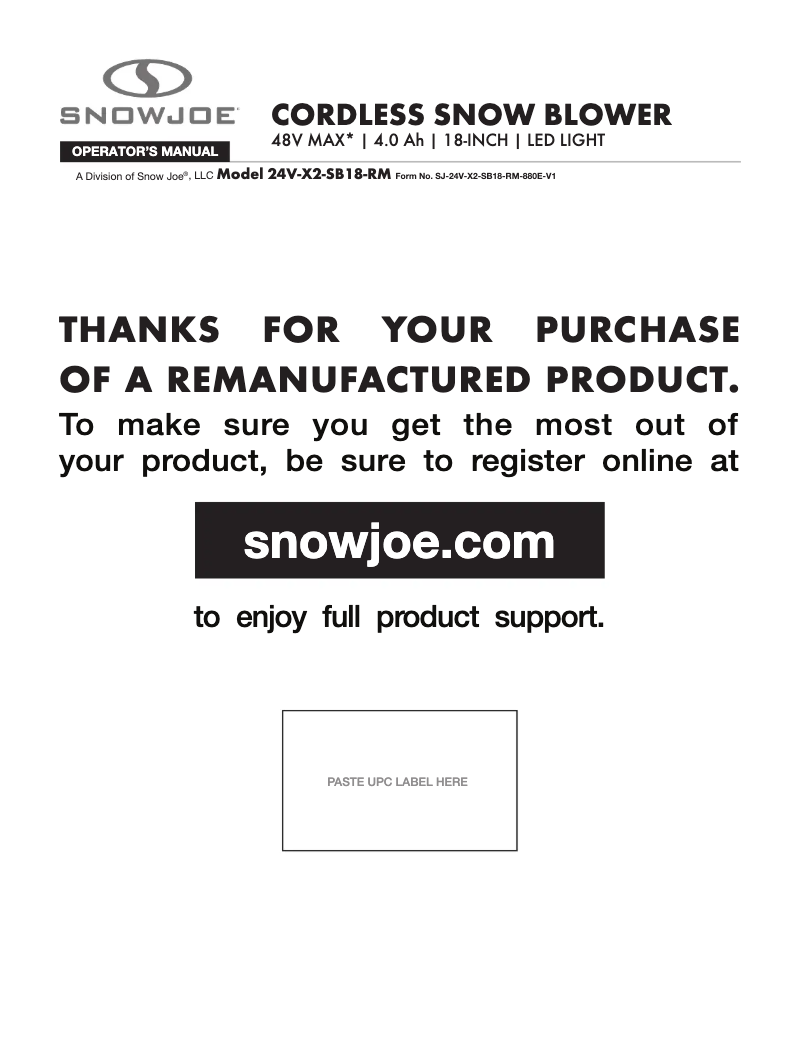 Page 1 of the manual User Manual Snow Joe 24V-X2-SB18-RM