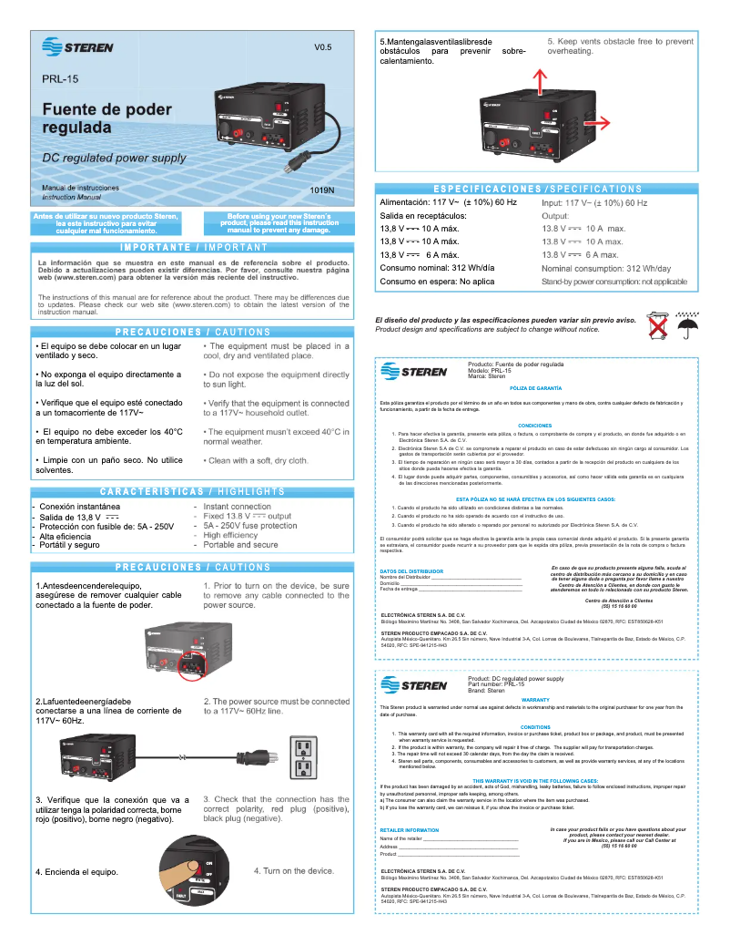 First page image of the manual for PRL-15