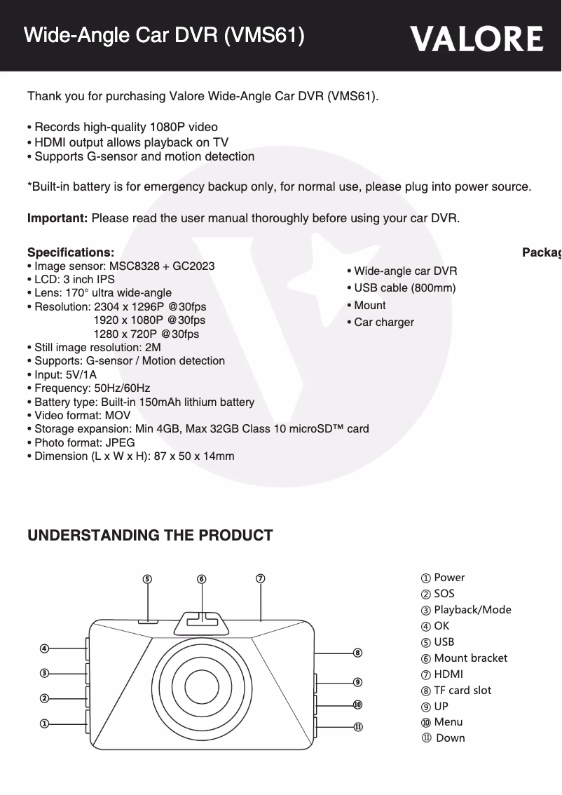 Page 1 of the manual User Manual Valore VMS61