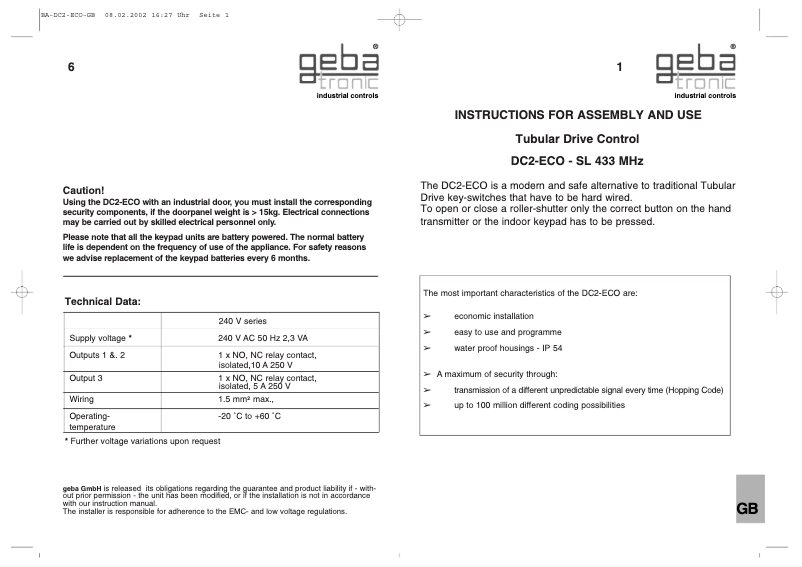 Page 1 of the manual User Manual Geba Tronic DC2 ECO