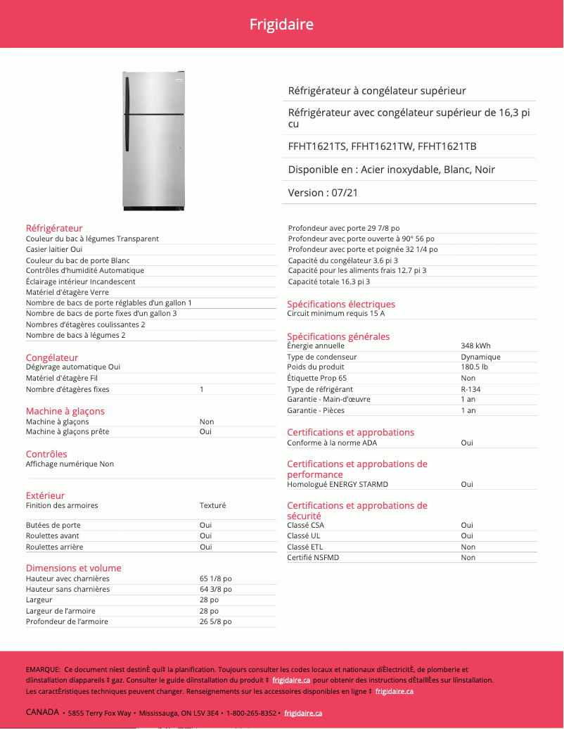 Page 1 of the manual Technical Sheet Frigidaire FFHT1621TW