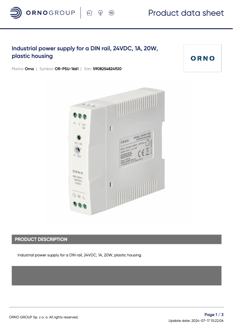 Page 1 de la notice Fiche technique ORNO OR-PSU-1661