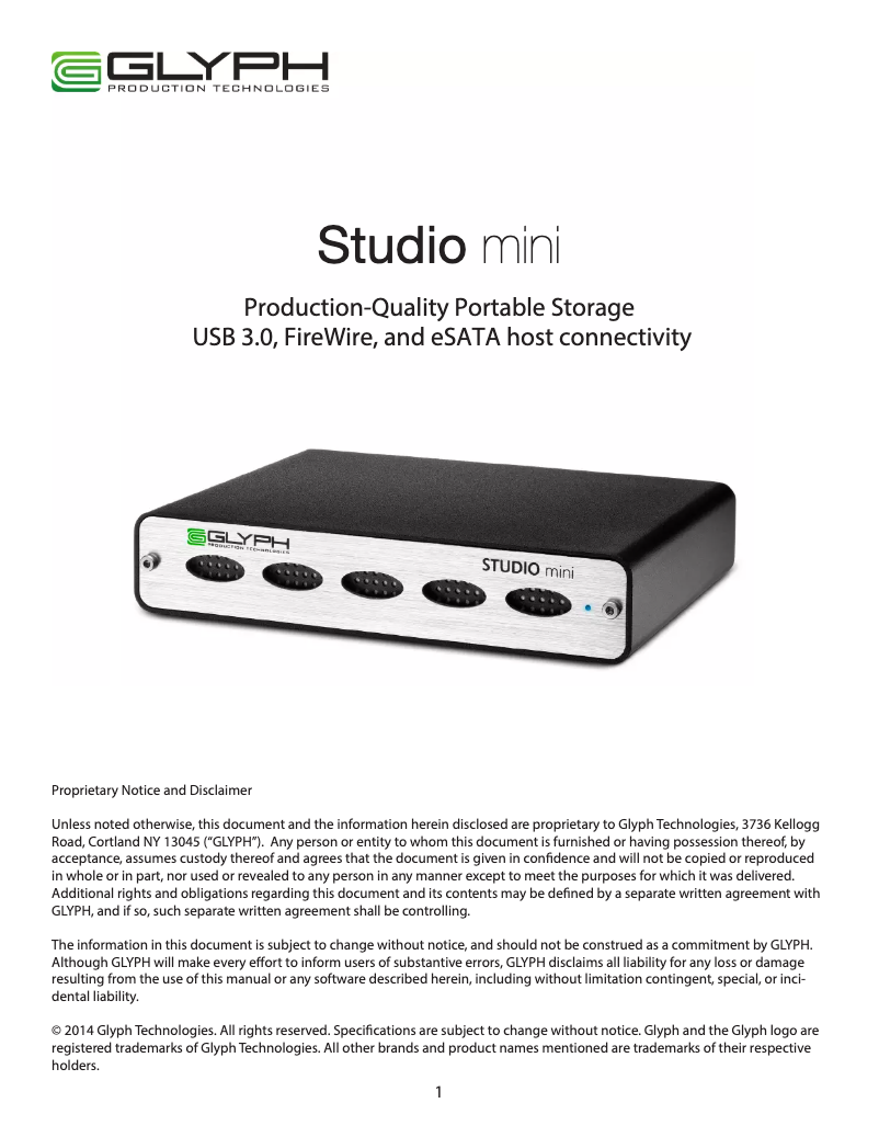Page 1 of the manual User Manual Glyph Studio mini