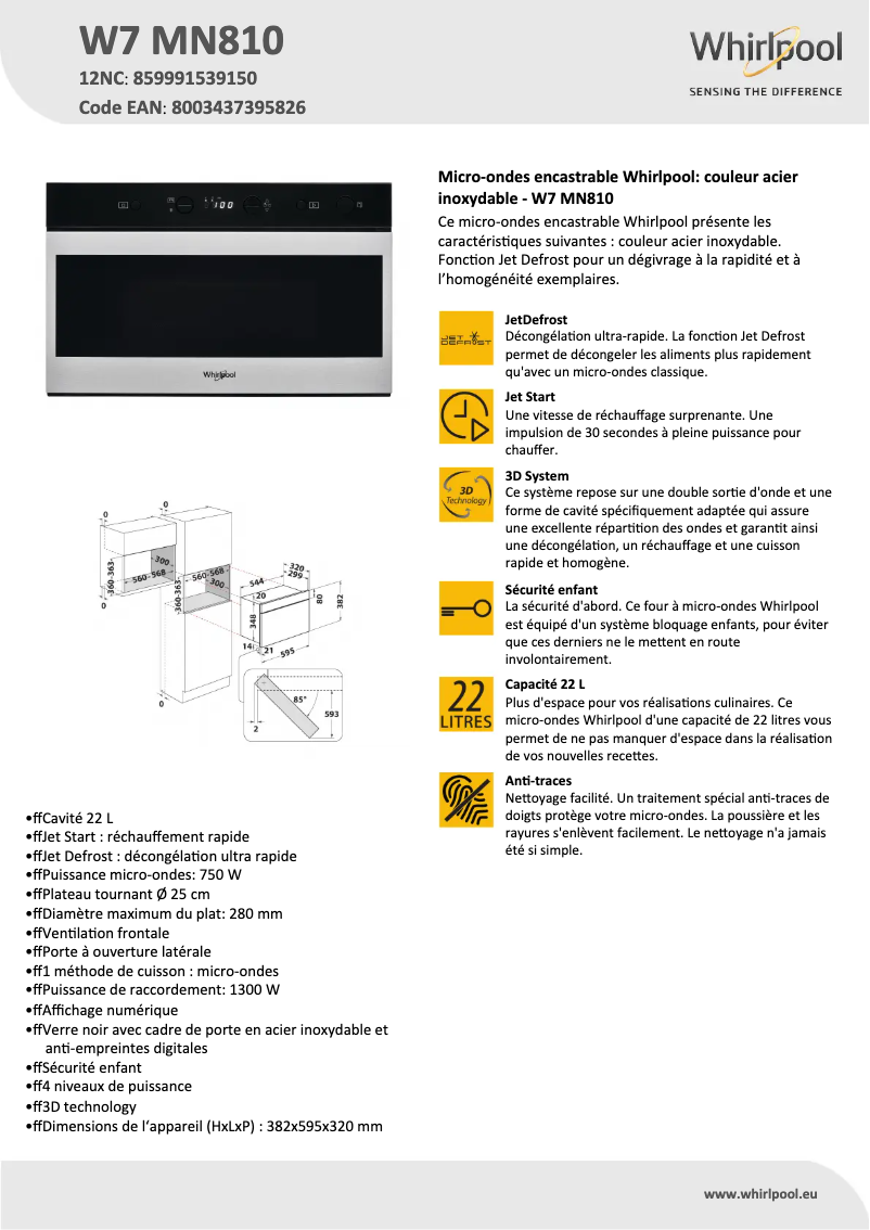 Page 1 of the manual Technical Sheet Whirlpool W7 MN810