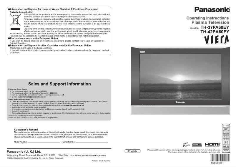 Page 1 of the manual User Manual Panasonic Viera TH-42PA60EY