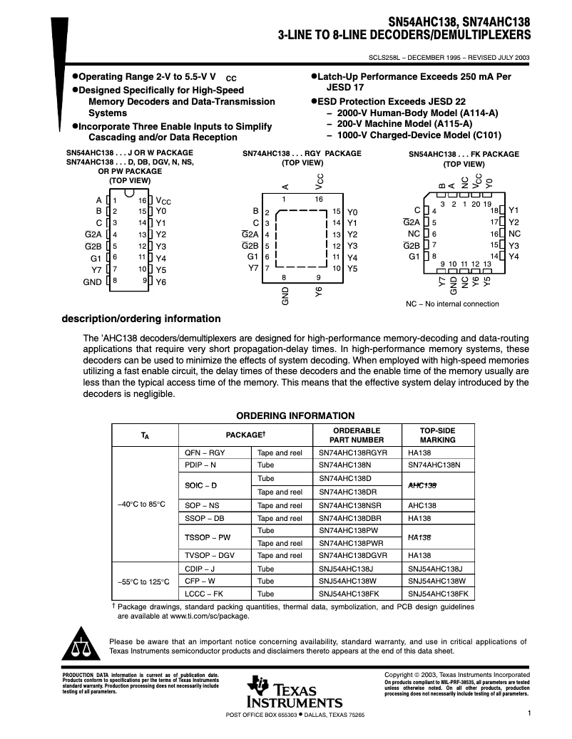 First page image of the manual for SN74AHC138N