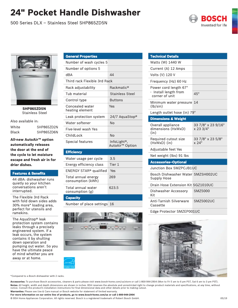 Page 1 of the manual Technical Sheet Bosch SHP865ZD5N