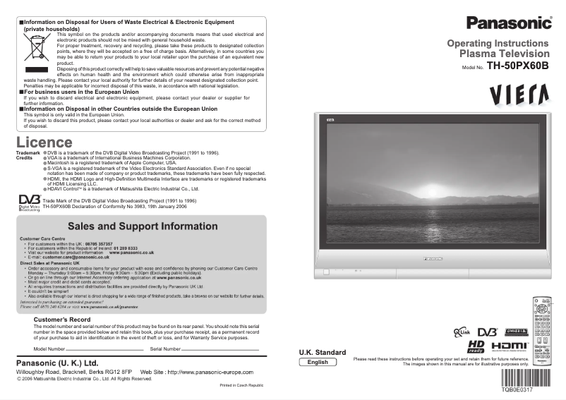 First page image of the manual for TH-50PX60B