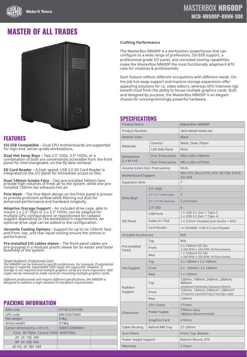First page image of the manual for MasterBox NR600P