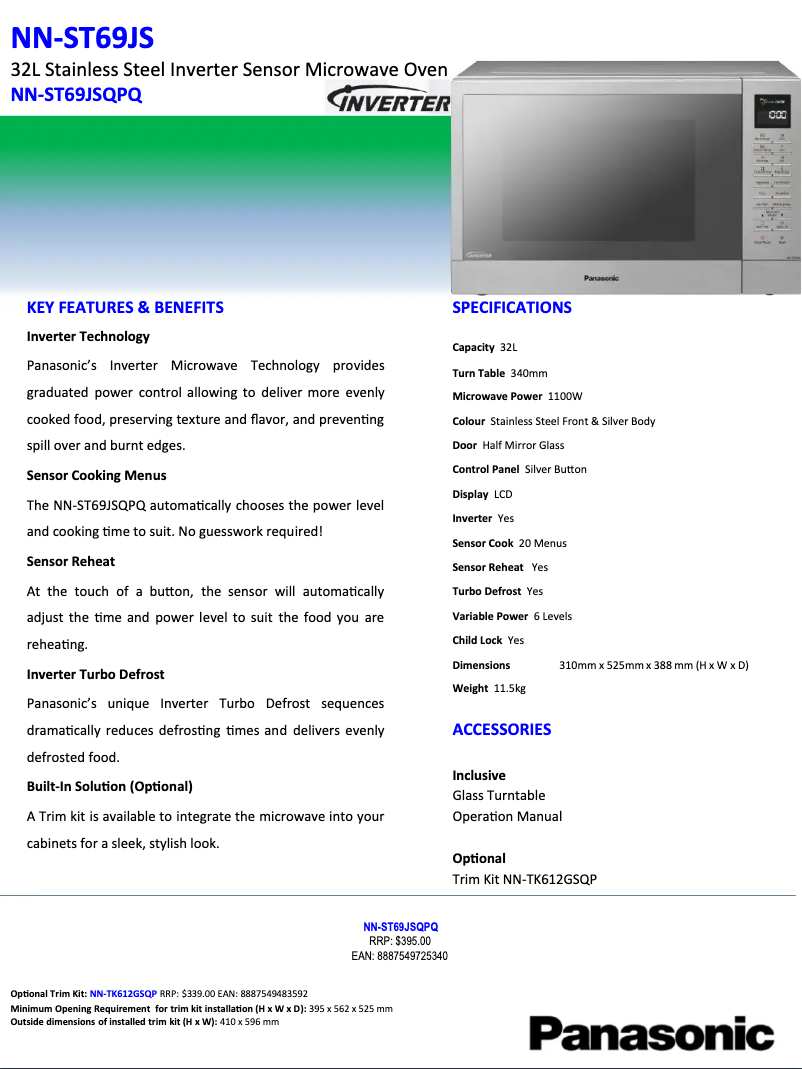 Page 1 of the manual Technical Sheet Panasonic Inverter NN-ST69JS