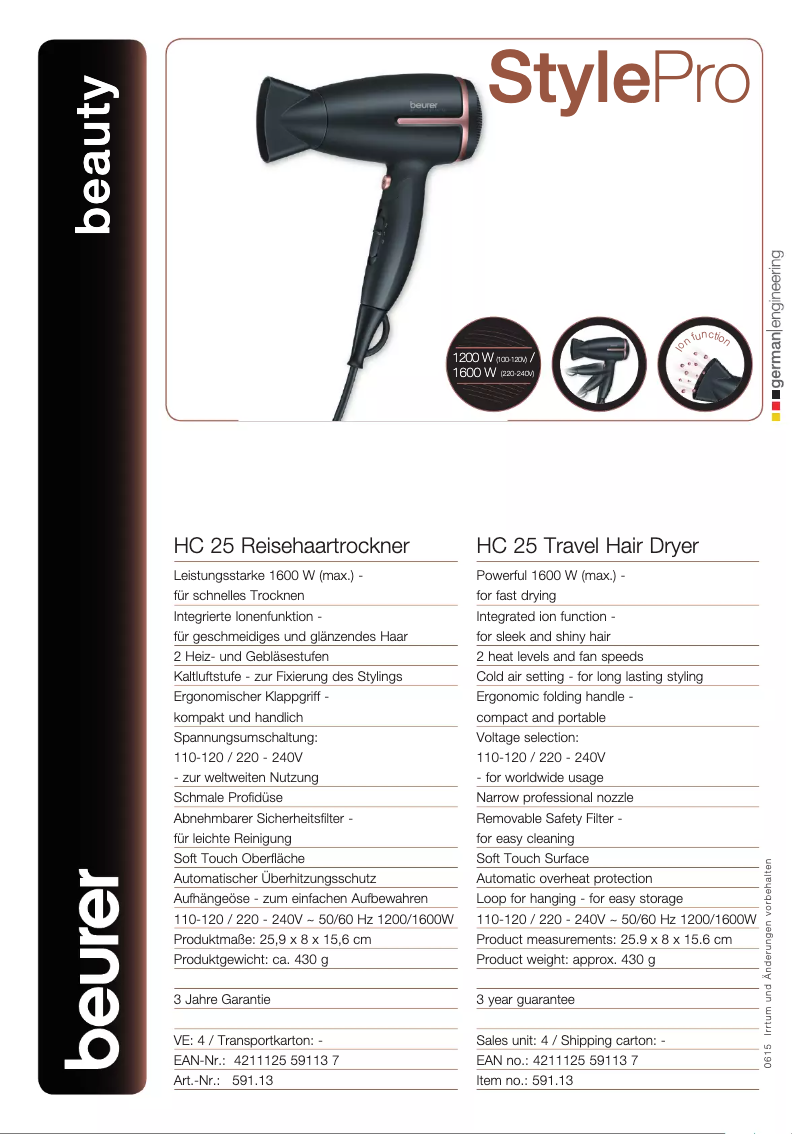 Page 1 of the manual Technical Sheet Beurer HC 25