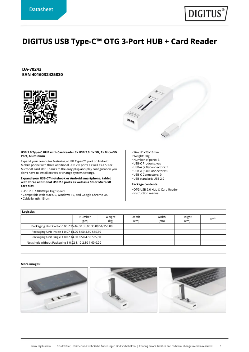 Page 1 of the manual Technical Sheet Digitus DA-70243