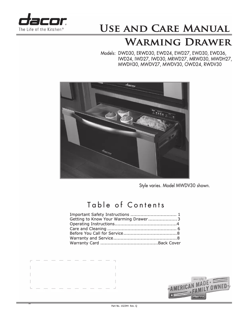 Page 1 of the manual User Manual Dacor EWD30SCH