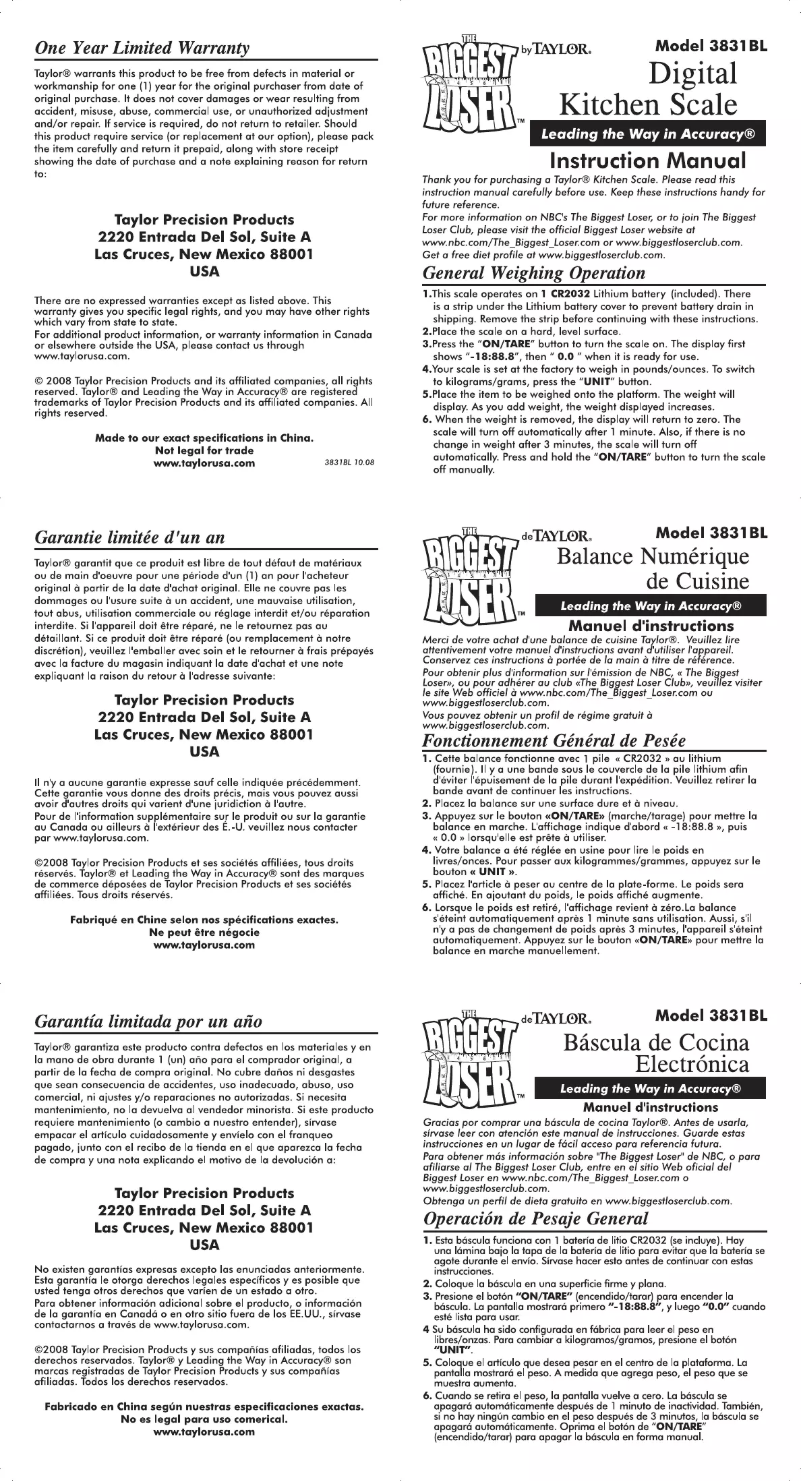 Image de la première page du manuel de l'appareil Biggest Loser 3831BL