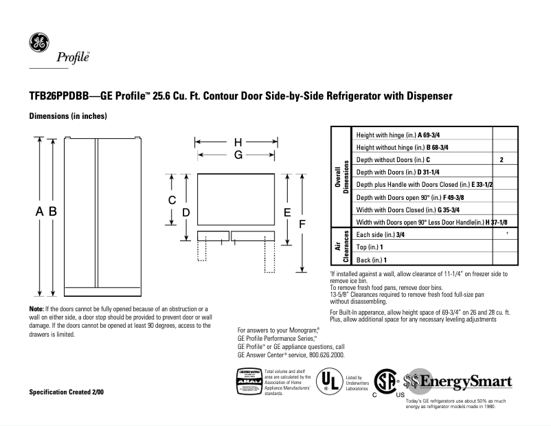 Page 1 of the manual Technical Sheet GE Profile Performance TFB26PPDBB