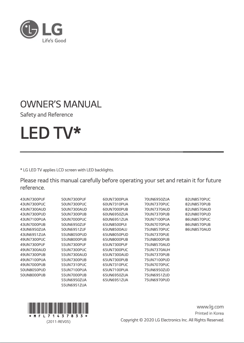 First page image of the manual for 49UN7300AUD