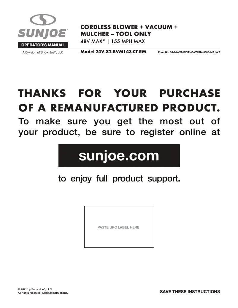 Page 1 of the manual User Manual Sun Joe 24V-X2-BVM143-CT-RM