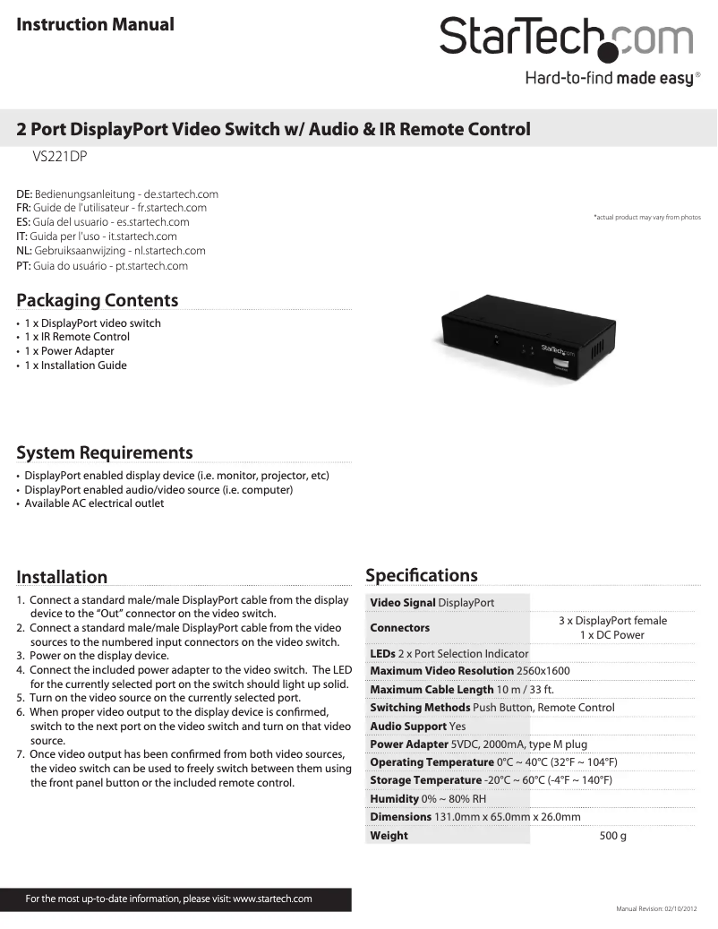 First page image of the manual for VS221DP