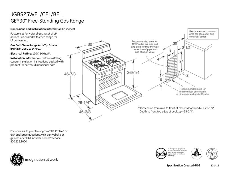 Page 1 of the manual Technical Sheet GE JGBS23BELBB