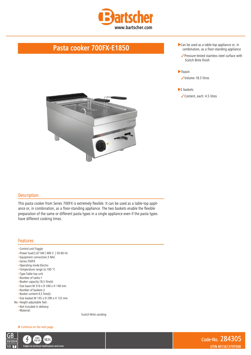 Page 1 of the manual Technical Sheet Bartscher 700FX-E1850