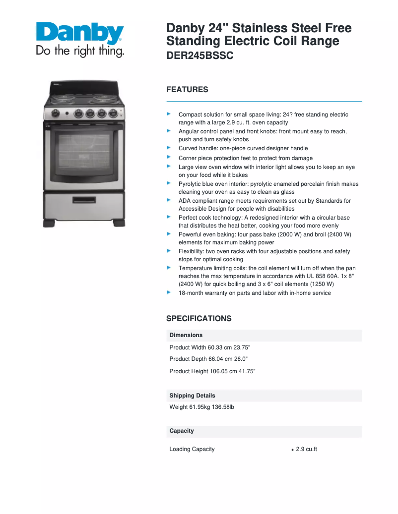 Page 1 of the manual Technical Sheet Danby DER245BSSC