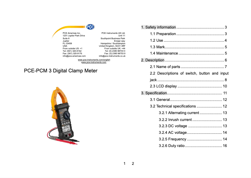 Page 1 of the manual User Manual PCE Instruments PCE-PCM 3
