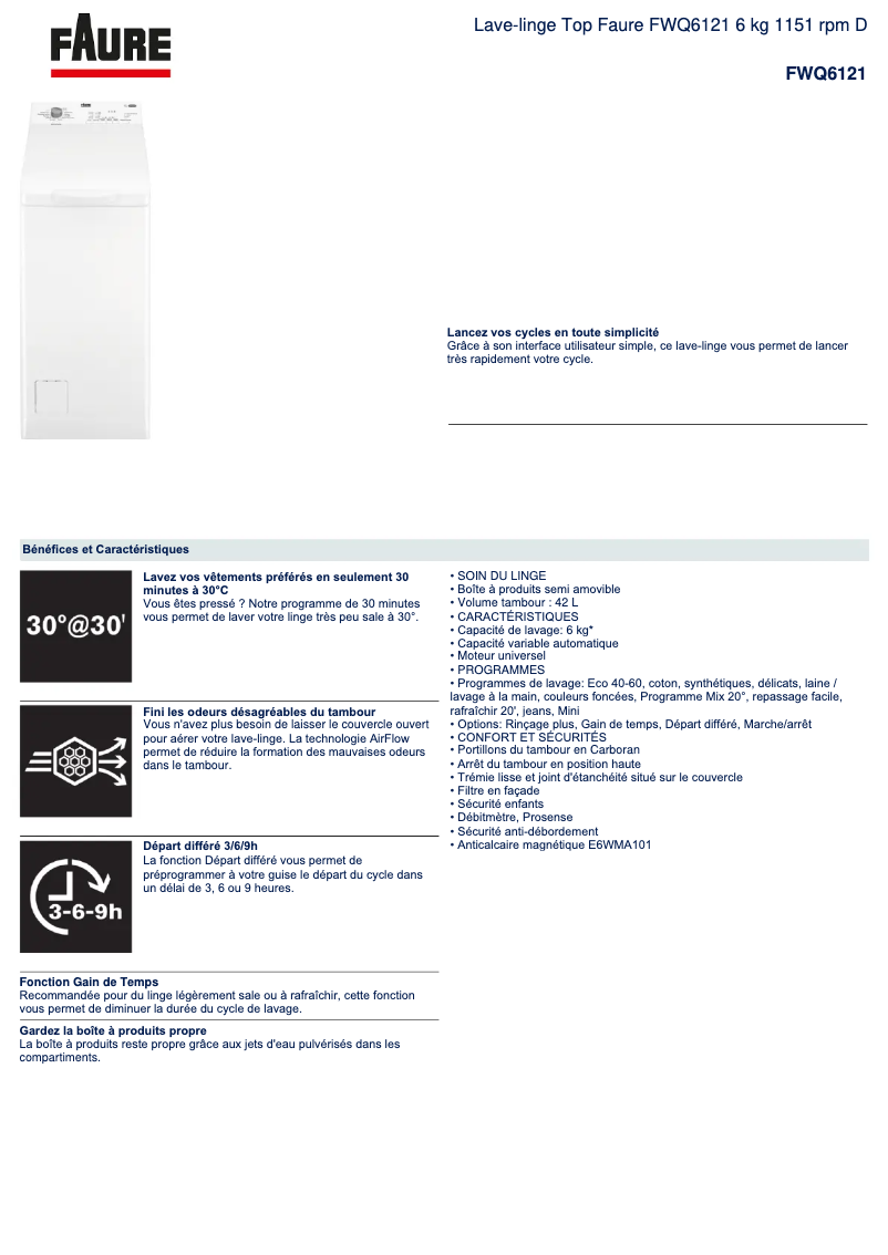 Page 1 of the manual Technical Sheet Faure FWQ6121