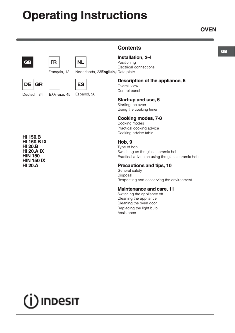 Page 1 of the manual User Manual Indesit HI 20A
