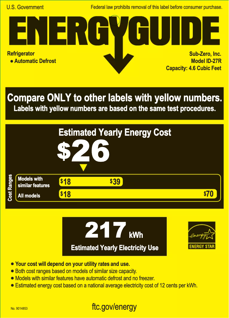 Page 1 of the manual Energy Label Sub-Zero ID-27R