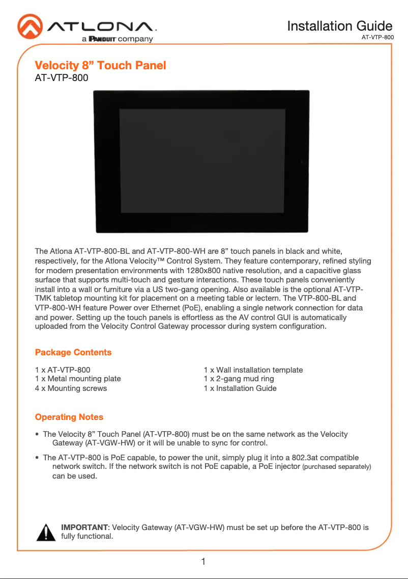 Page 1 de la notice Manuel utilisateur Atlona AT-VTP-800