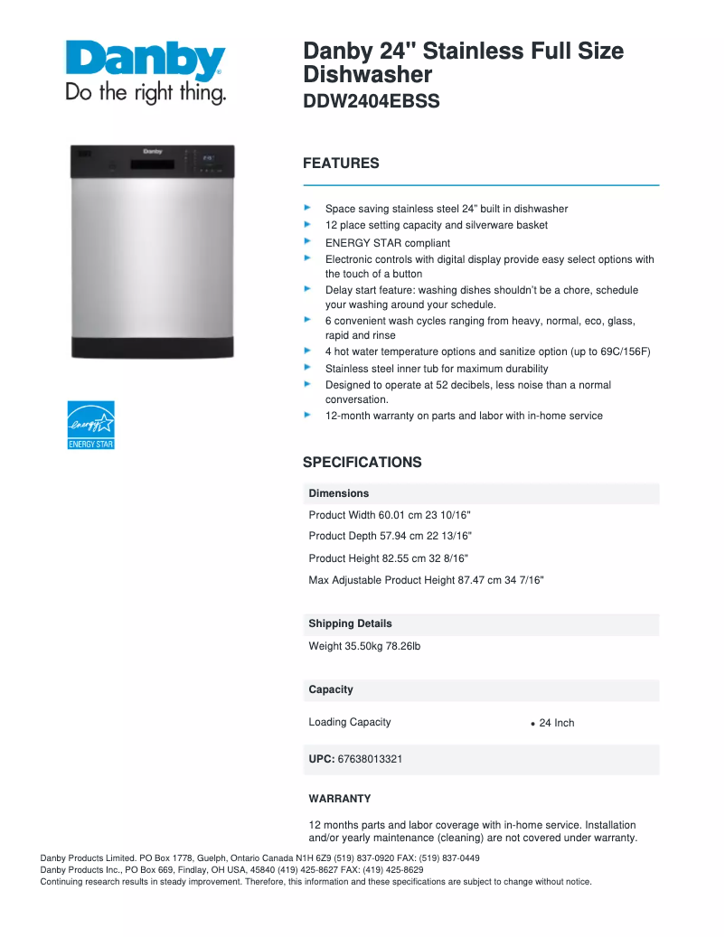 First page image of the manual for DDW2404EBSS