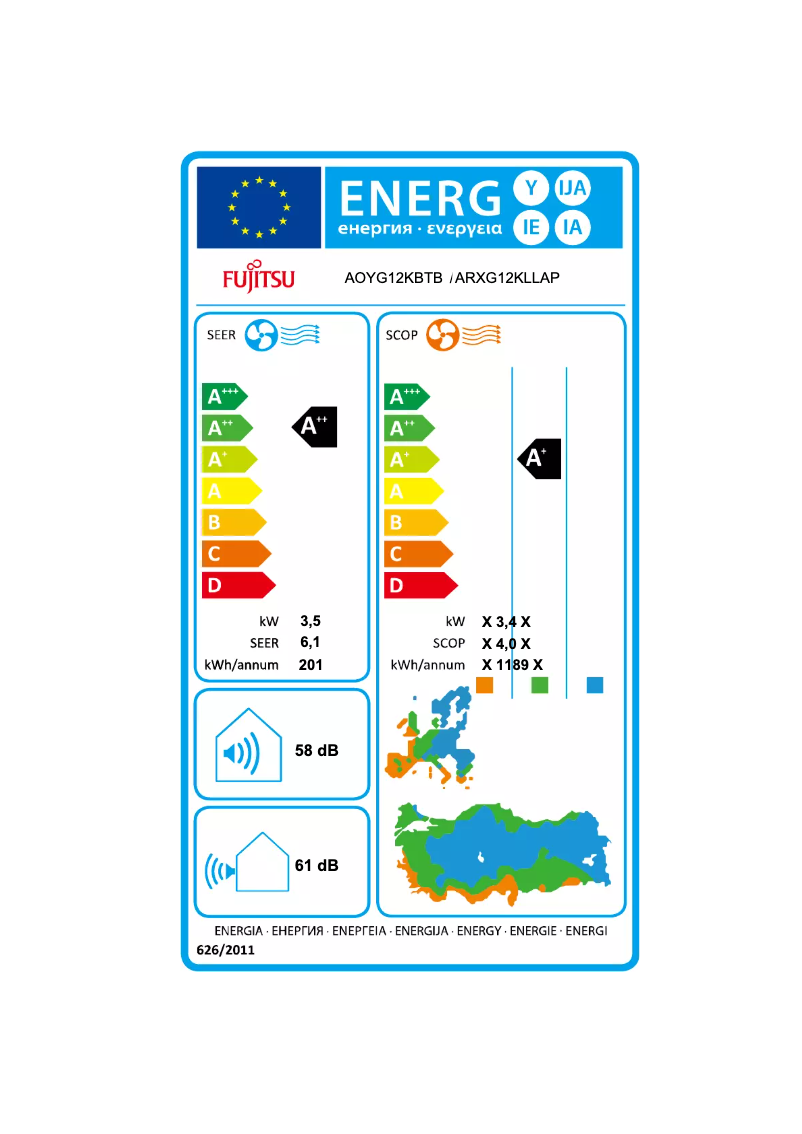 Page 1 de la notice Label énergétique Fujitsu ARXG12KLLAP