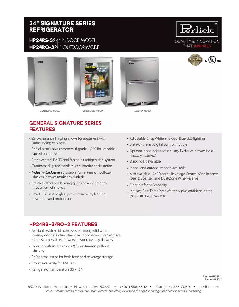 Page 1 of the manual Technical Sheet Perlick HP24RO-3-3L