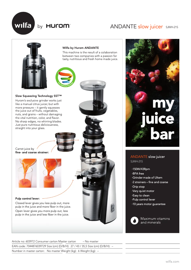 Page 1 of the manual Technical Sheet Wilfa Andante SJWH-21S