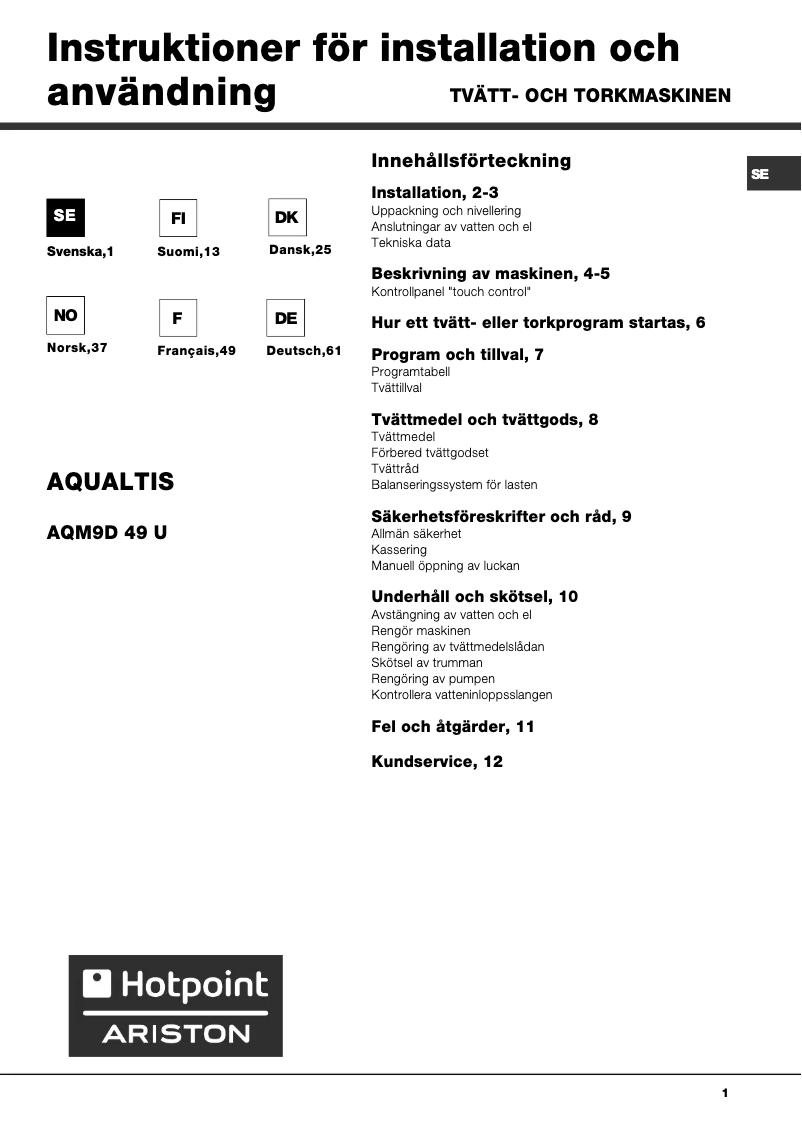 First page image of the manual for Aqualtis AQM9D 49 U