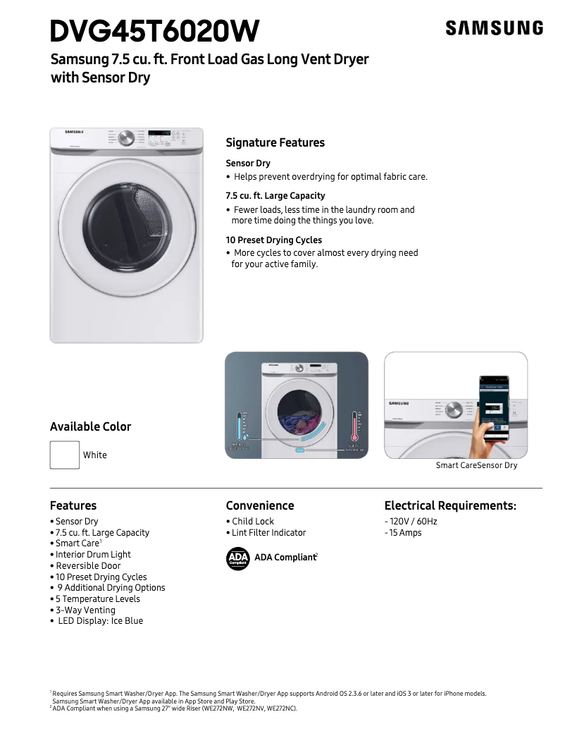 Page 1 of the manual Technical Sheet Samsung DVG45T6020W