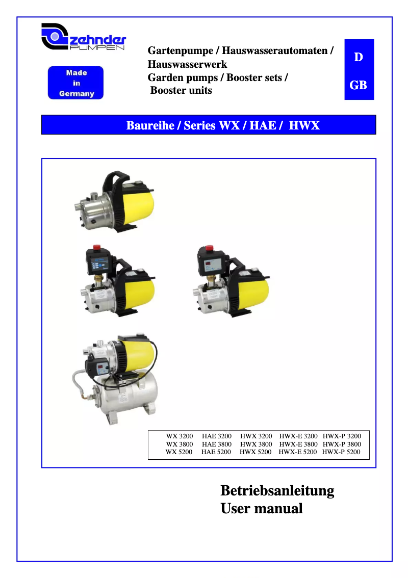 Page 1 of the manual User Manual Zehnder Pumpen WX 3800