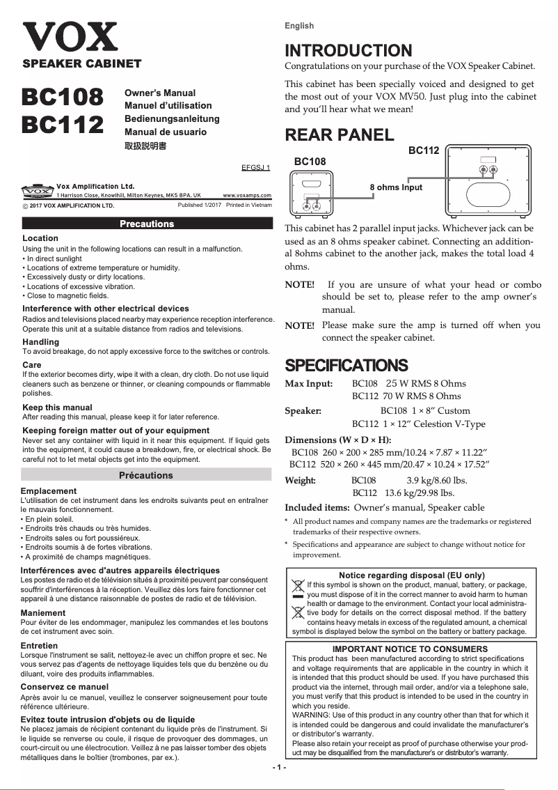 Page 1 of the manual User Manual VOX BC108