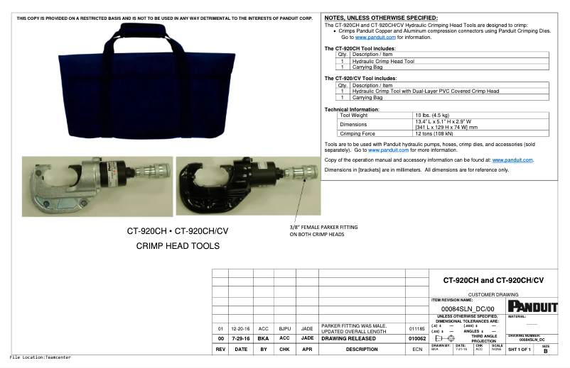 Page 1 of the manual Technical Drawing Panduit CT-920CH