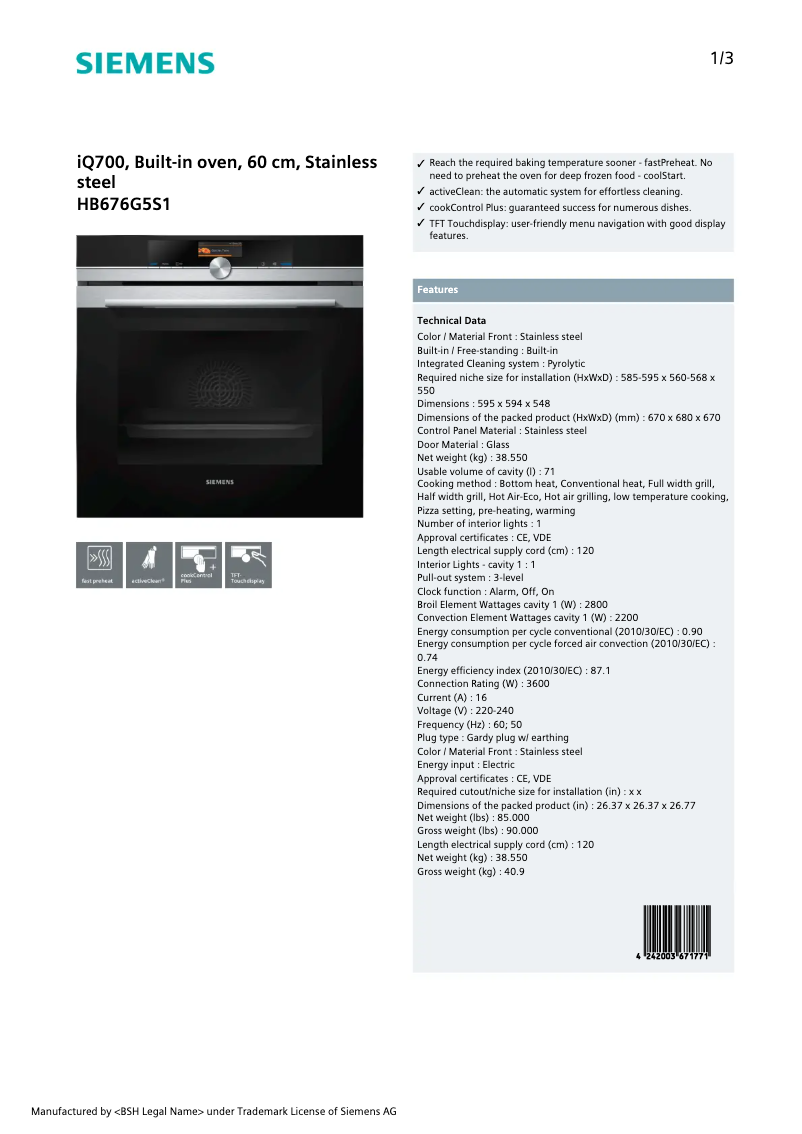 Page 1 of the manual Technical Sheet Siemens HB676G5S1
