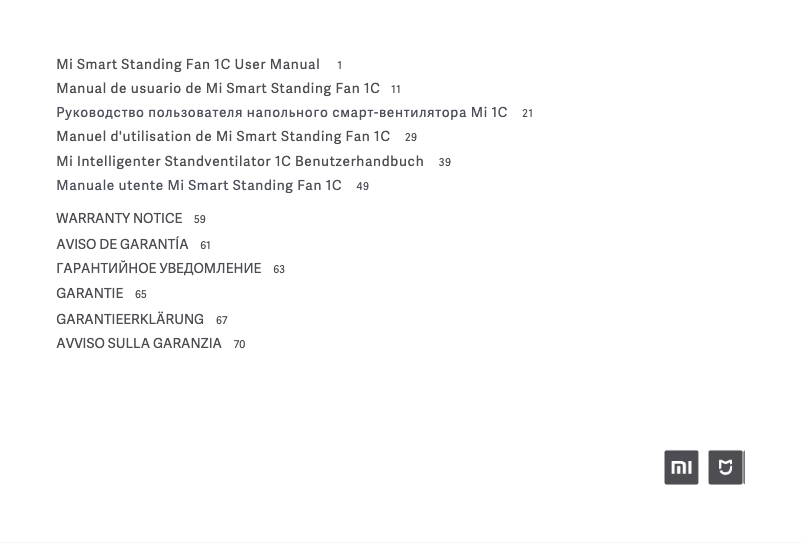 First page image of the manual for Mi Smart Standing Fan 1C