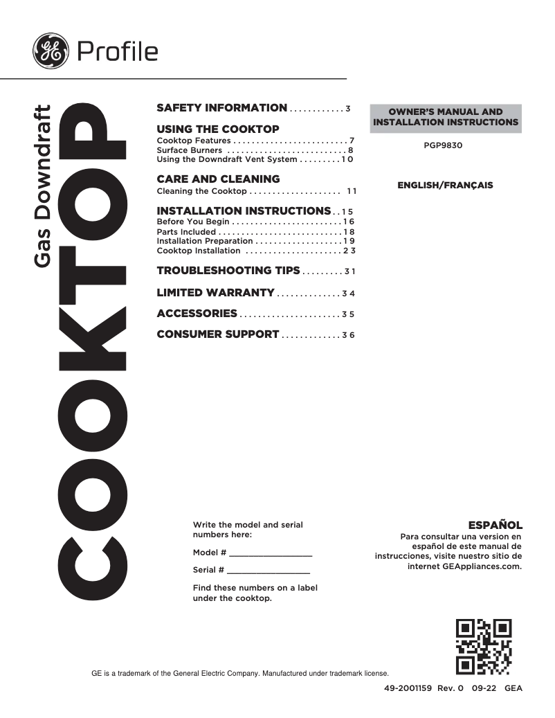Page 1 of the manual Use and Maintenance Manual GE Profile PGP9830SRSS