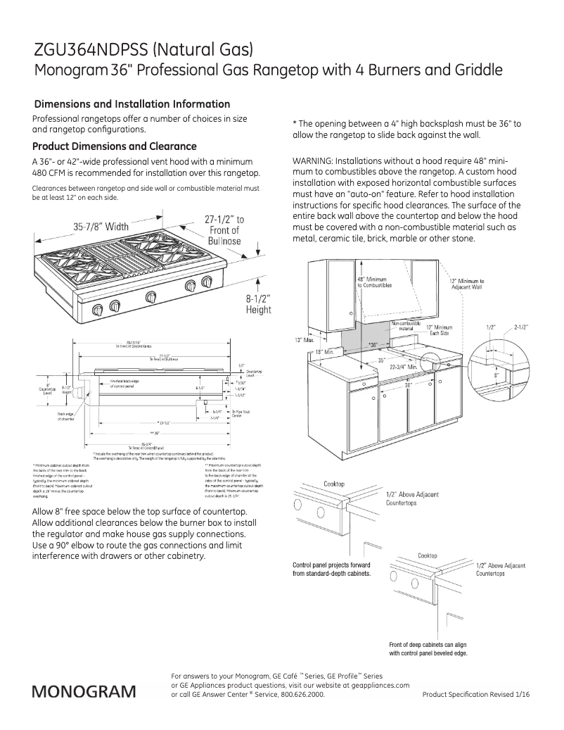 Page 1 of the manual Technical Sheet Monogram ZGU364NDPSS